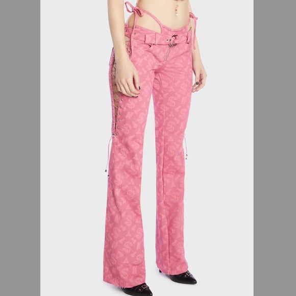 Print Monogram Denim Low Rise Lace Up Jeans with Dick Dollar Print Denim Thong - Picture 3 of 8